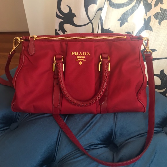 Prada Handbags - Prada Red Leather & Tessuto Satchel